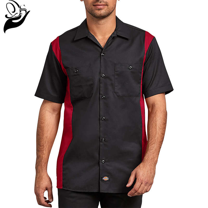 Two-Tone Short Sleeve Work Shirt, Black Red Tone